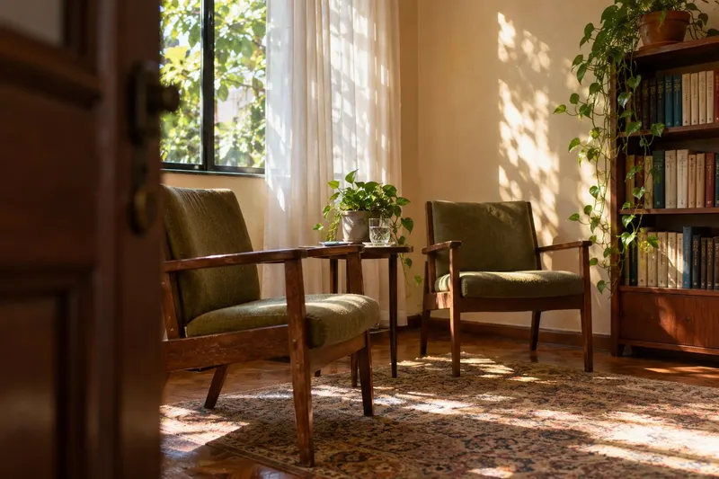 Recepção com cadeiras de madeira, livros e luz de janela.