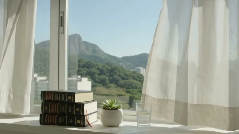 Luz natural entra pela janela do escritório, com livros e vista para a vegetação da Tijuca.