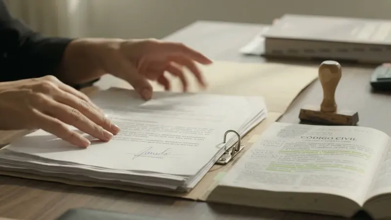 Mãos organizam documentos em uma mesa com um Código Civil e um carimbo.